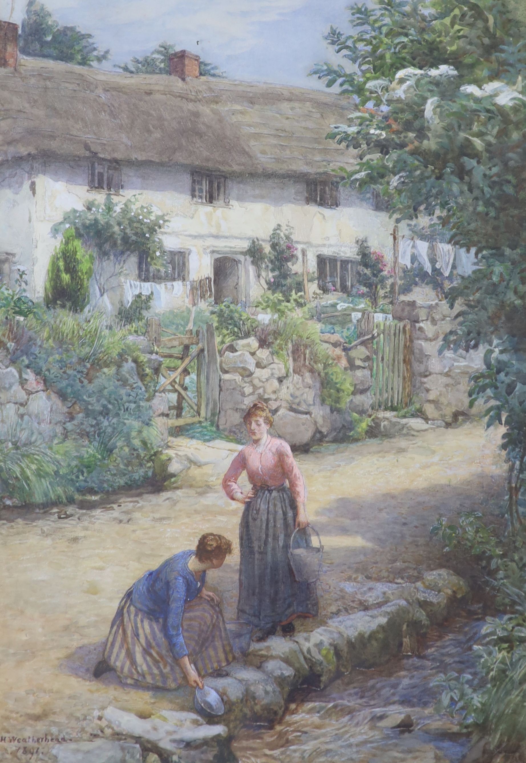 William Harris Weatherhead (1843-1903), watercolour, Women beside a stream, cottages beyond, signed and dated 1891, 43 x 29cm